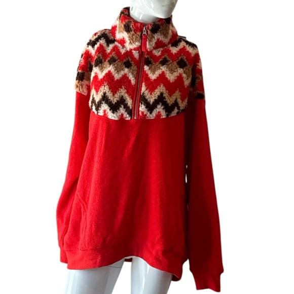 Aerie Hometown Holiday Red Chevron Sherpa Fleece Quarter Zip Sweatshirt Size L - Picture 3 of 13
